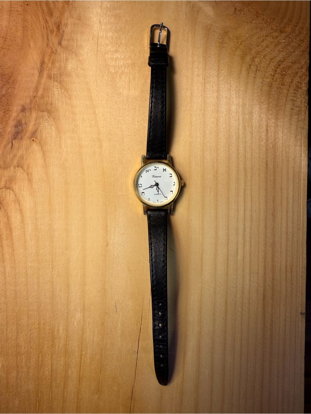Vintage Hebrew Gold-Tone Round Watch with Black Leather Strap